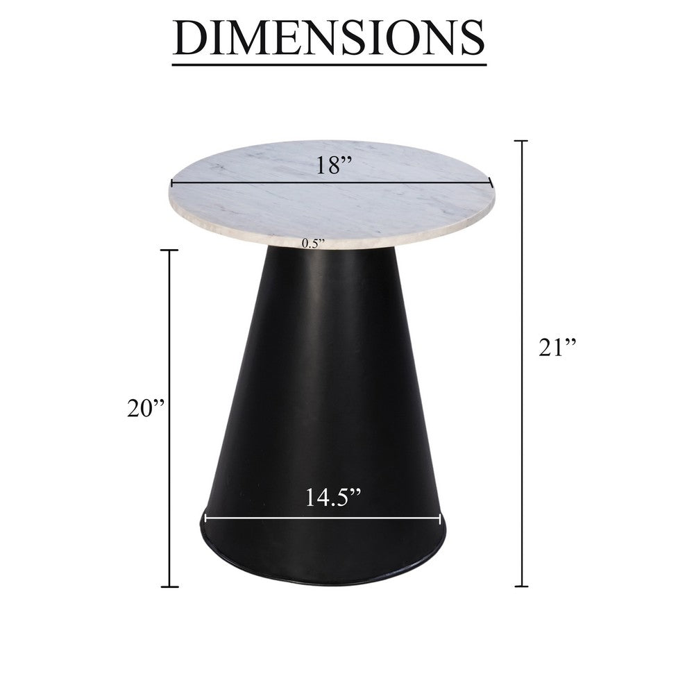 Riko Side End Table, White Natural Marble 18 Inch Round Top, Modern Black Pedestal Base - UPT-276374