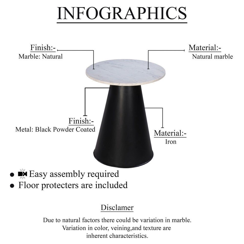 Riko Side End Table, White Natural Marble 18 Inch Round Top, Modern Black Pedestal Base - UPT-276374