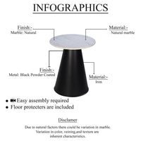 Riko Side End Table, White Natural Marble 18 Inch Round Top, Modern Black Pedestal Base - UPT-276374
