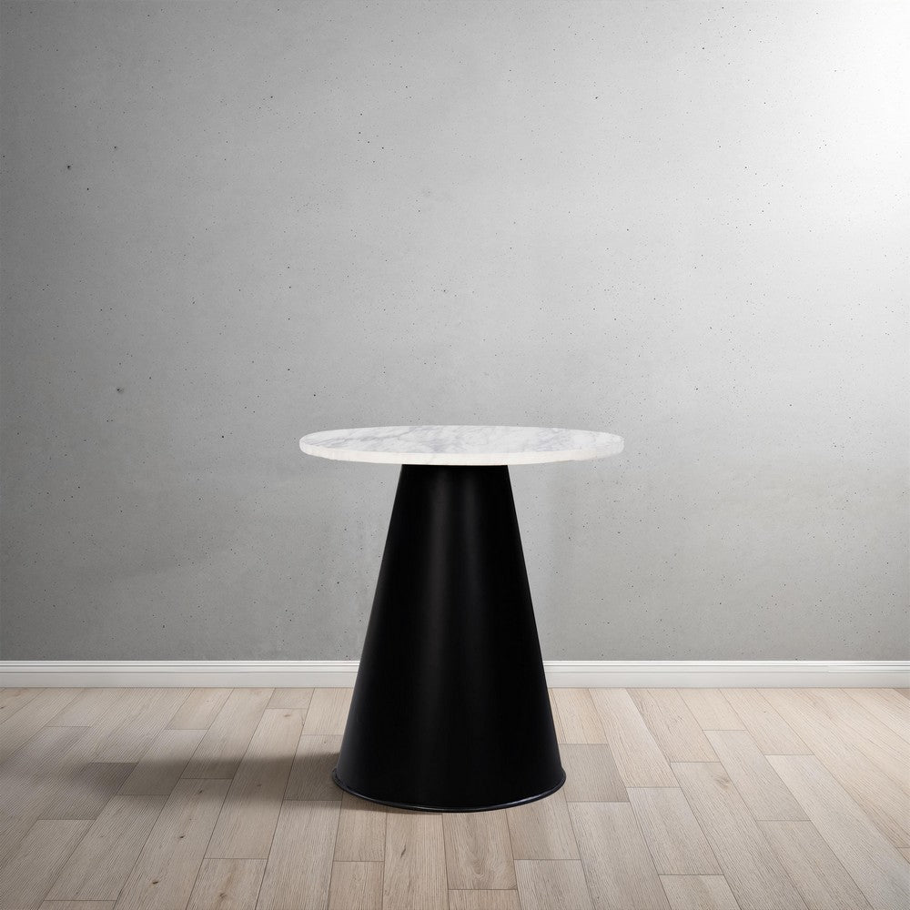Riko Side End Table, White Natural Marble 18 Inch Round Top, Modern Black Pedestal Base - UPT-276374