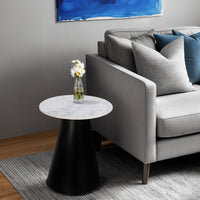 Riko Side End Table, White Natural Marble 18 Inch Round Top, Modern Black Pedestal Base - UPT-276374