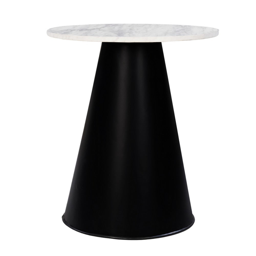 Riko Side End Table, White Natural Marble 18 Inch Round Top, Modern Black Pedestal Base - UPT-276374