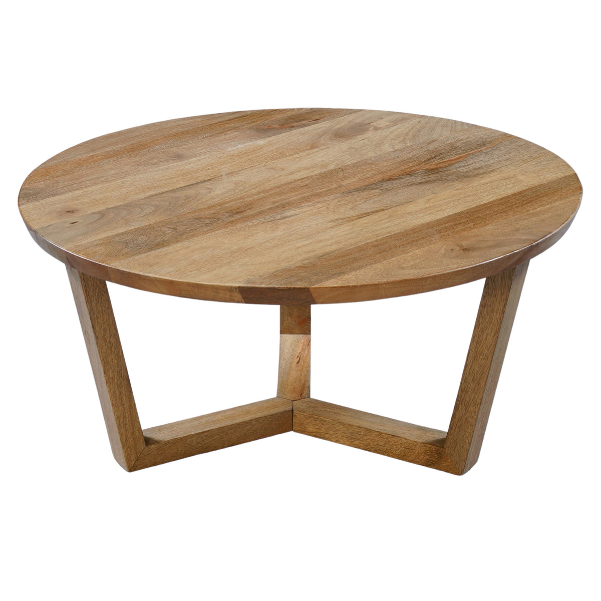 Vega 30 inch Round Mango Wood Coffee Table - Handcrafted Natural Brown, Sturdy 3-Leg Sled Base - UPT-276375