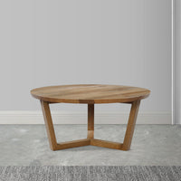 Vega 30 inch Round Mango Wood Coffee Table - Handcrafted Natural Brown, Sturdy 3-Leg Sled Base - UPT-276375