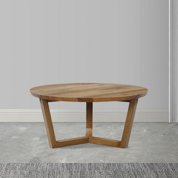 Nina 30 inch Round Mango Wood Coffee Table - Handcrafted Natural Brown, Sturdy 3-Leg Sled Base - UPT-276375