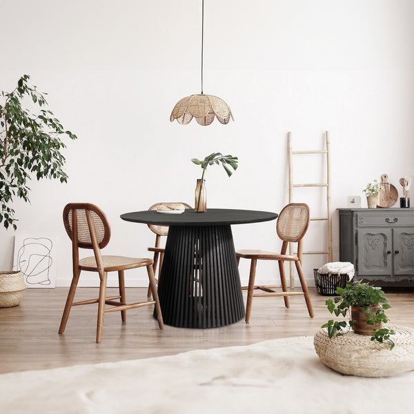 Ridge 47 Inch Handcrafted Mango Wood Round Dining Table, Slatted Flared Base, Black - UPT-276560