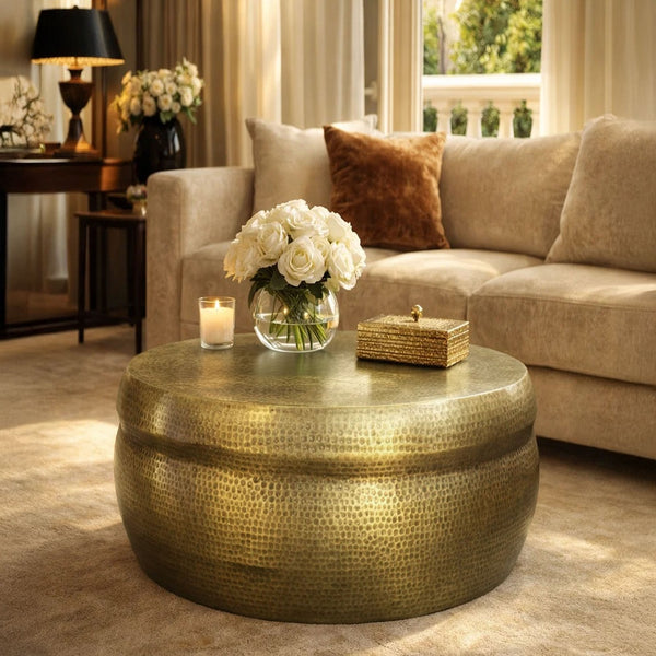 32 Inch Artisanal Round Drum Coffee Table, Hammered Embossed Texturing, Aluminum, Antique Brass - UPT-276805