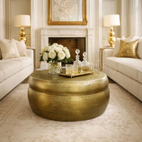 32 Inch Artisanal Round Drum Coffee Table, Hammered Embossed Texturing, Aluminum, Antique Brass - UPT-276805