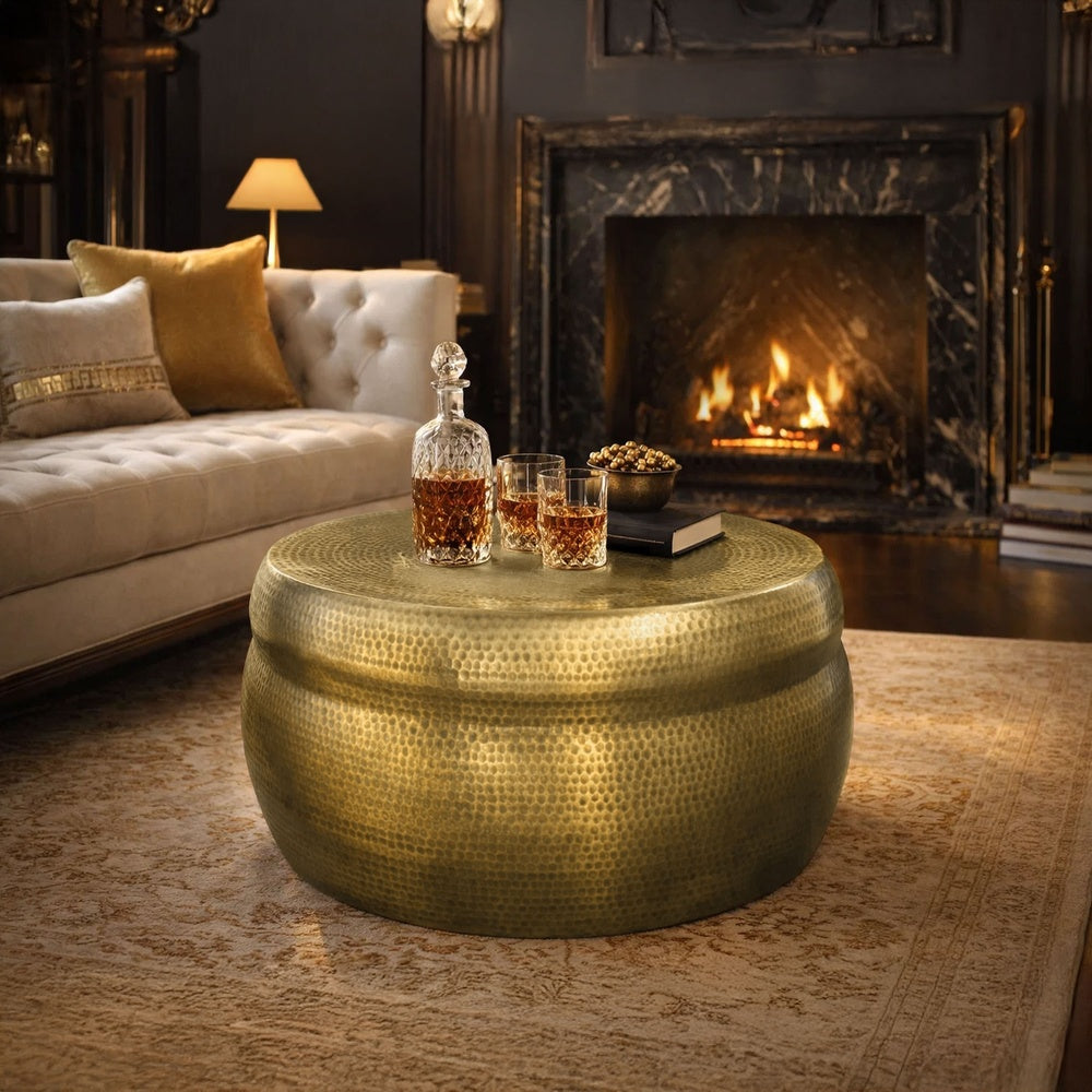 32 Inch Artisanal Round Drum Coffee Table, Hammered Embossed Texturing, Aluminum, Antique Brass - UPT-276805