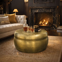 32 Inch Artisanal Round Drum Coffee Table, Hammered Embossed Texturing, Aluminum, Antique Brass - UPT-276805