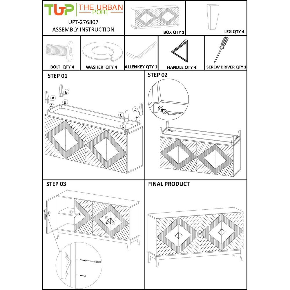 Abiel 55 Inch Mango Wood Sideboard Buffet Cabinet Console, 4 Doors, Inner Shelf, Ornate Diamond Carving, Gray - UPT-276807
