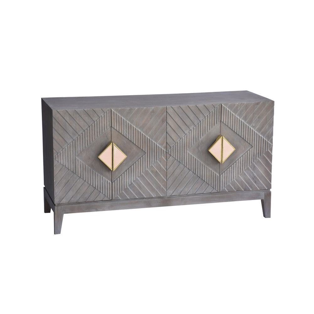 Abiel 55 Inch Mango Wood Sideboard Buffet Cabinet Console, 4 Doors, Inner Shelf, Ornate Diamond Carving, Gray - UPT-276807