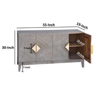 Abiel 55 Inch Mango Wood Sideboard Buffet Cabinet Console, 4 Doors, Inner Shelf, Ornate Diamond Carving, Gray - UPT-276807