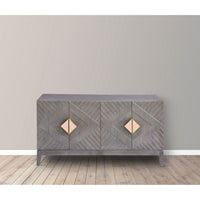 Abiel 55 Inch Mango Wood Sideboard Buffet Cabinet Console, 4 Doors, Inner Shelf, Ornate Diamond Carving, Gray - UPT-276807