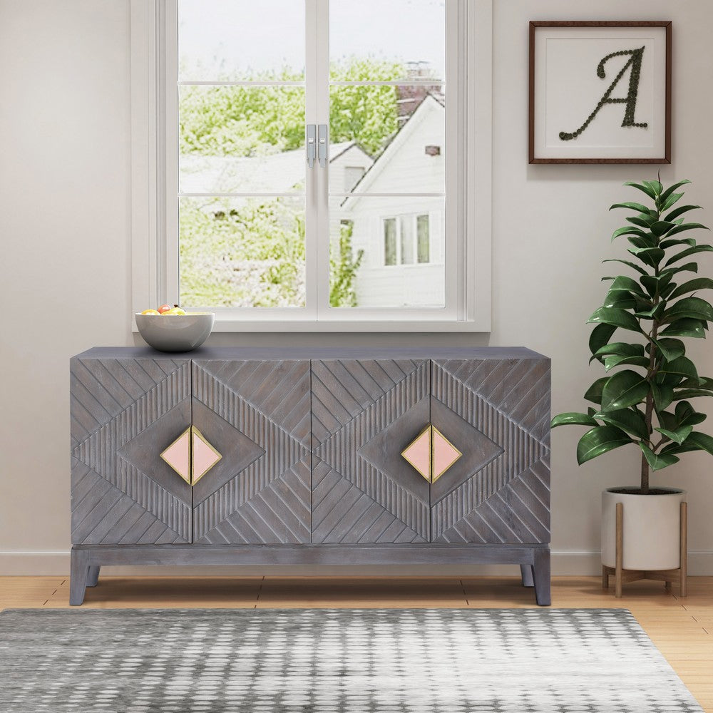 Abiel 55 Inch Mango Wood Sideboard Buffet Cabinet Console, 4 Doors, Inner Shelf, Ornate Diamond Carving, Gray - UPT-276807