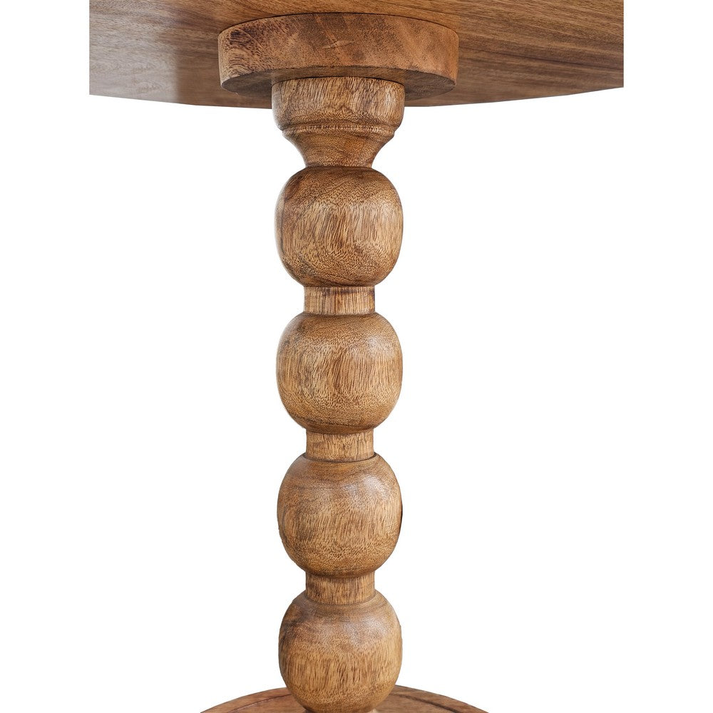 21 Inch Side End Table, Round Top, Stacked Ball Post, Natural Brown Mango Wood - UPT-277205