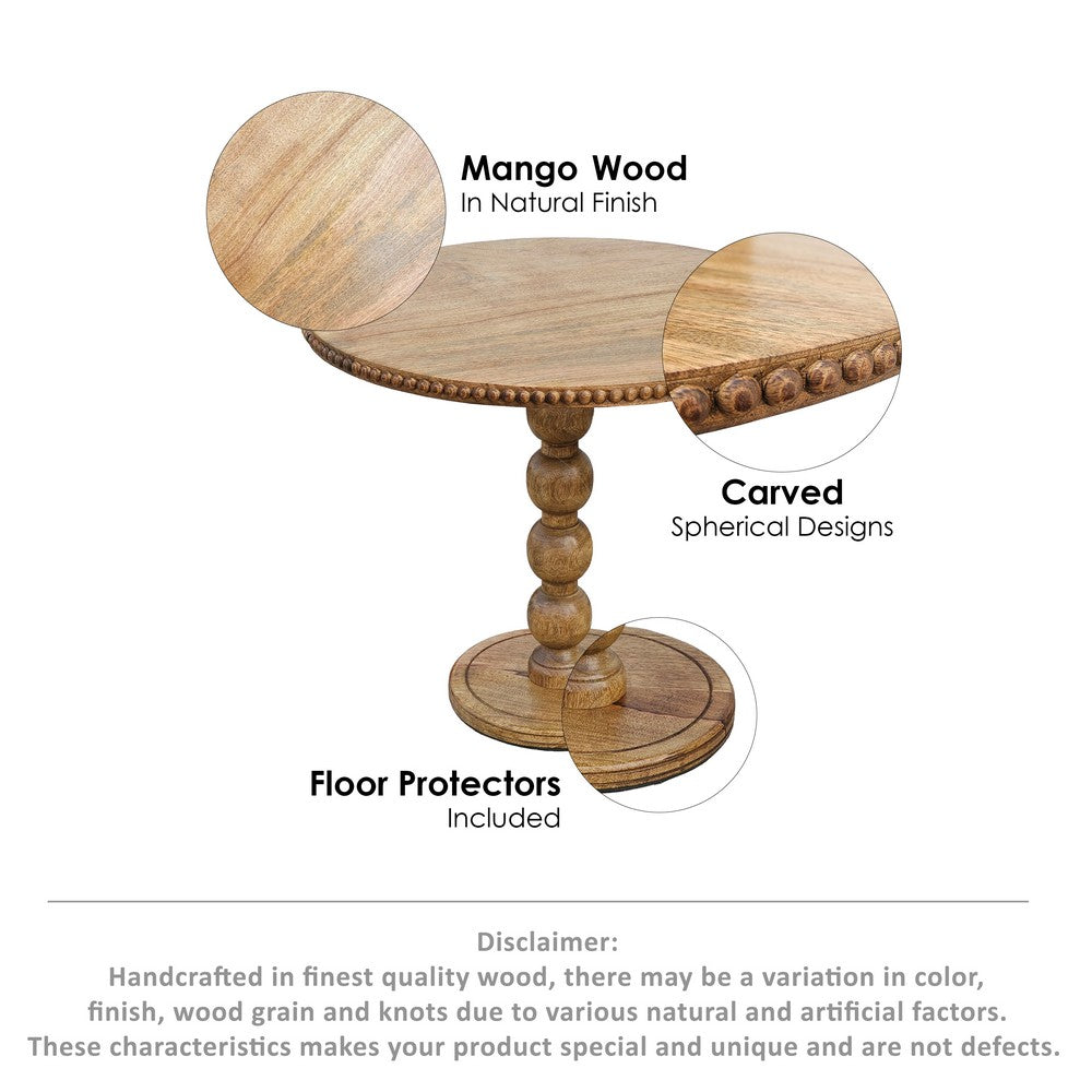 21 Inch Side End Table, Round Top, Stacked Ball Post, Natural Brown Mango Wood - UPT-277205