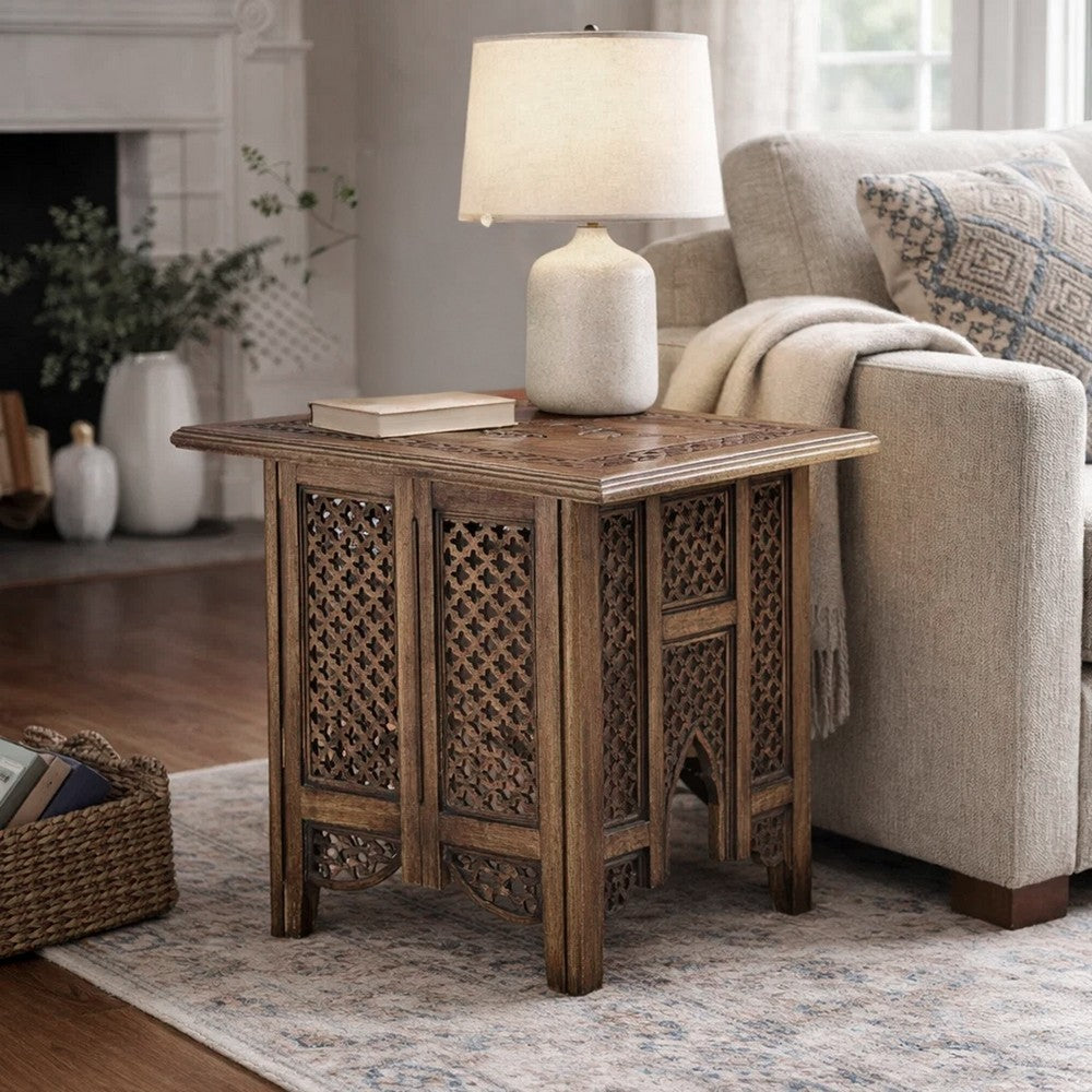 21 Inch Boho Side End Table, Floral Carved Details, Foldable Panel Legs, Natural Walnut Brown - UPT-277206