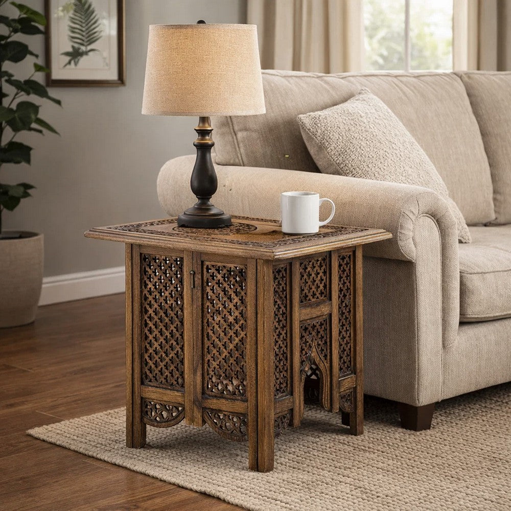 21 Inch Boho Side End Table, Floral Carved Details, Foldable Panel Legs, Natural Walnut Brown - UPT-277206