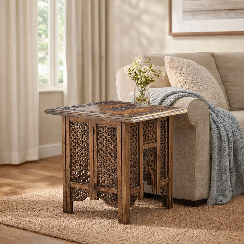 21 Inch Boho Side End Table, Floral Carved Details, Foldable Panel Legs, Natural Walnut Brown - UPT-277206