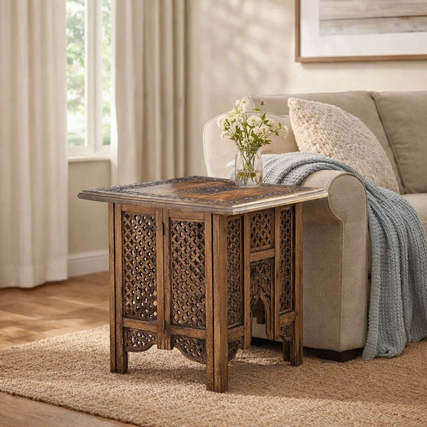 21 Inch Boho Side End Table, Floral Carved Details, Foldable Panel Legs, Natural Walnut Brown - UPT-277206