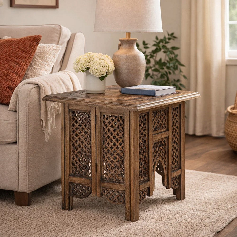 21 Inch Boho Side End Table, Floral Carved Details, Foldable Panel Legs, Natural Walnut Brown - UPT-277206