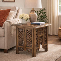 21 Inch Boho Side End Table, Floral Carved Details, Foldable Panel Legs, Natural Walnut Brown - UPT-277206
