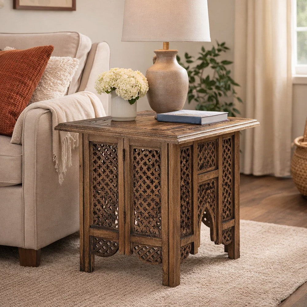 21 Inch Boho Side End Table, Floral Carved Details, Foldable Panel Legs, Natural Walnut Brown - UPT-277206