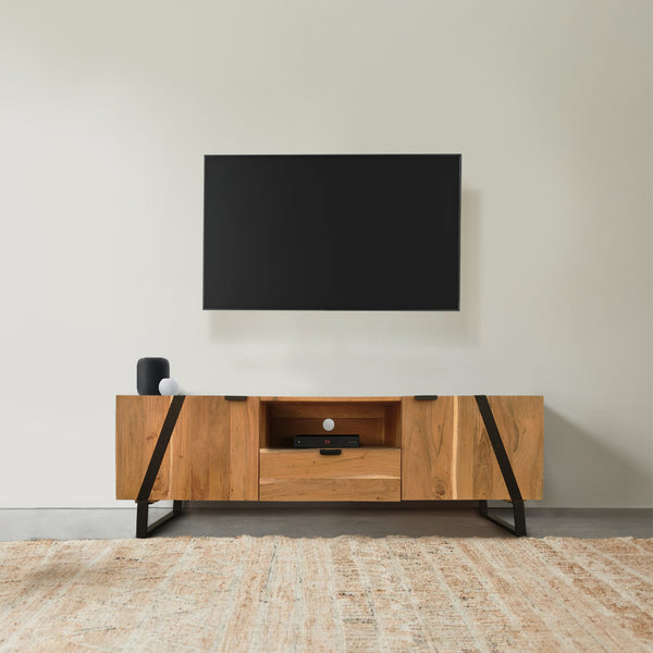 Aza 59 Inch TV Entertainment Console, 1 Drawer and 2 Cabinet Doors, Black Iron Legs, Handcrafted Natural Brown Acacia Wood - UPT-277208