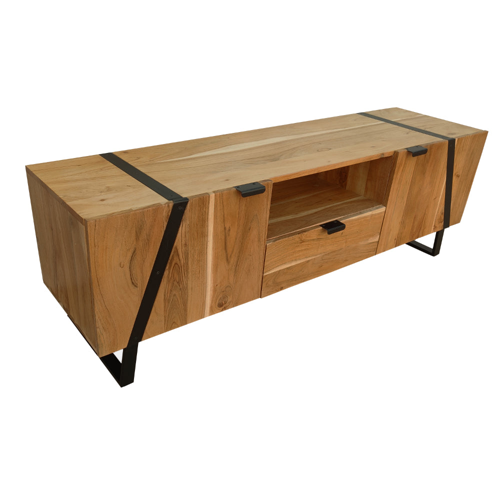 Aza 59 Inch Handcrafted TV Console with Drawer Natural Brown Acacia Wood Cabinet - UPT-277208