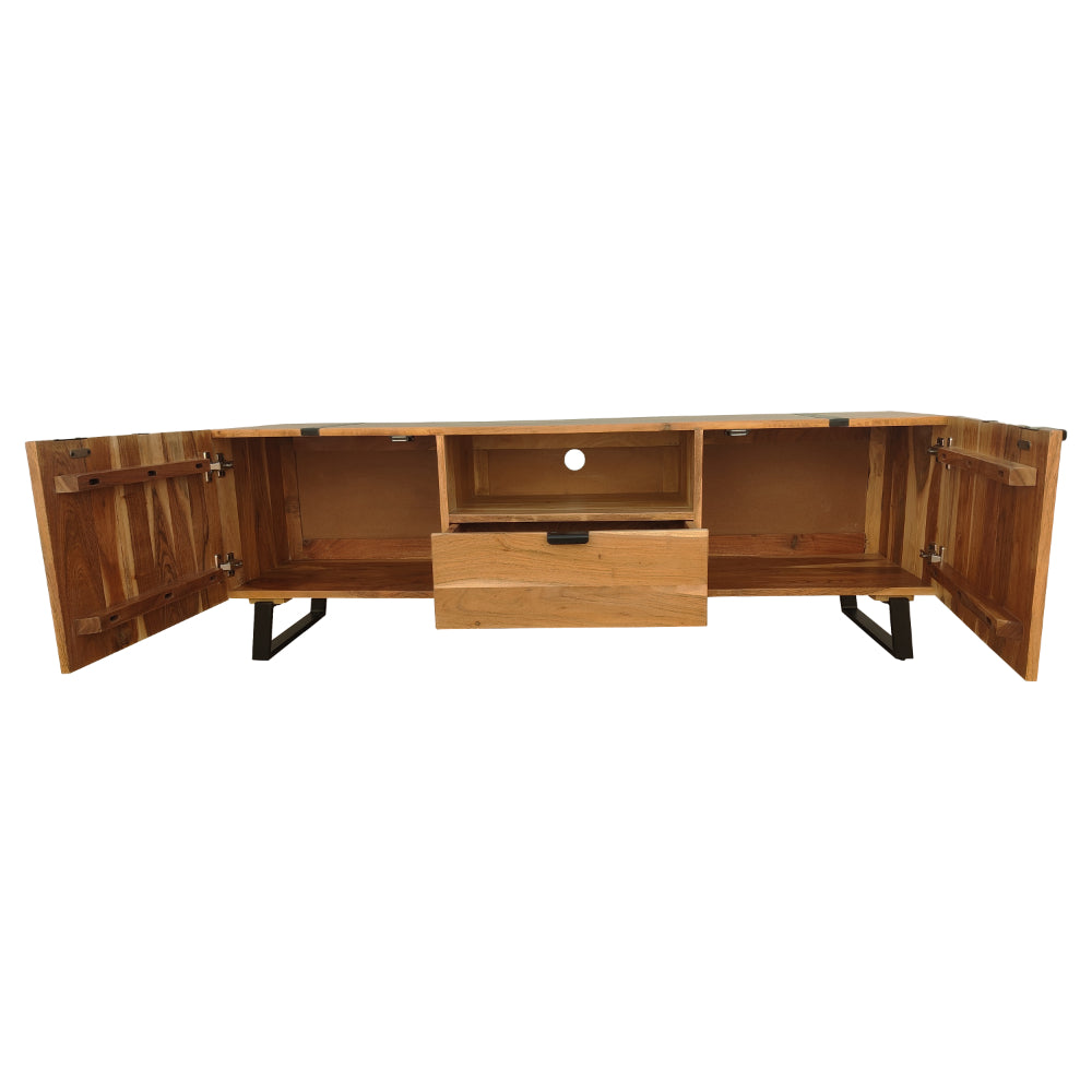 Aza 59 Inch Handcrafted TV Console with Drawer Natural Brown Acacia Wood Cabinet - UPT-277208