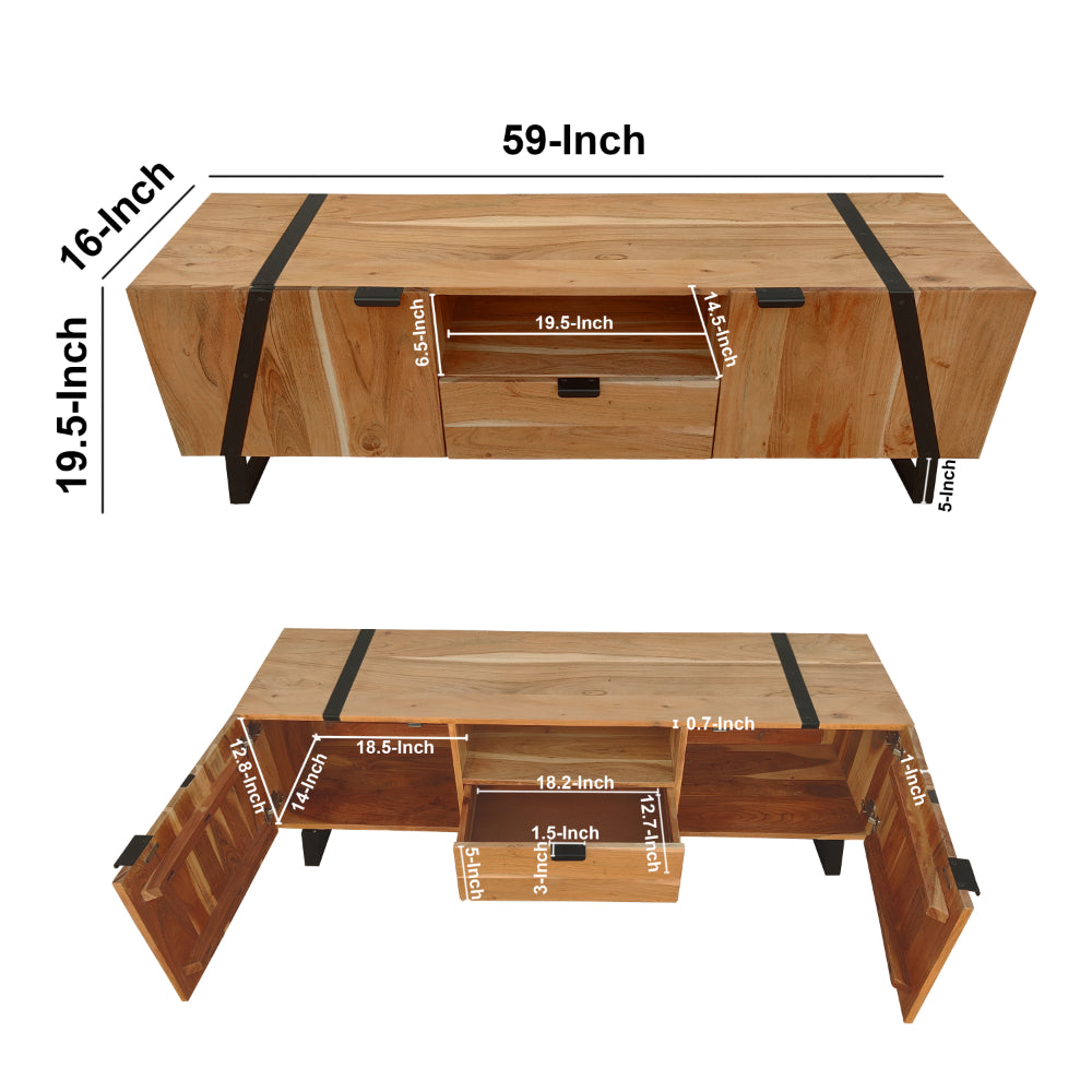 Aza 59 Inch Handcrafted TV Console with Drawer Natural Brown Acacia Wood Cabinet - UPT-277208