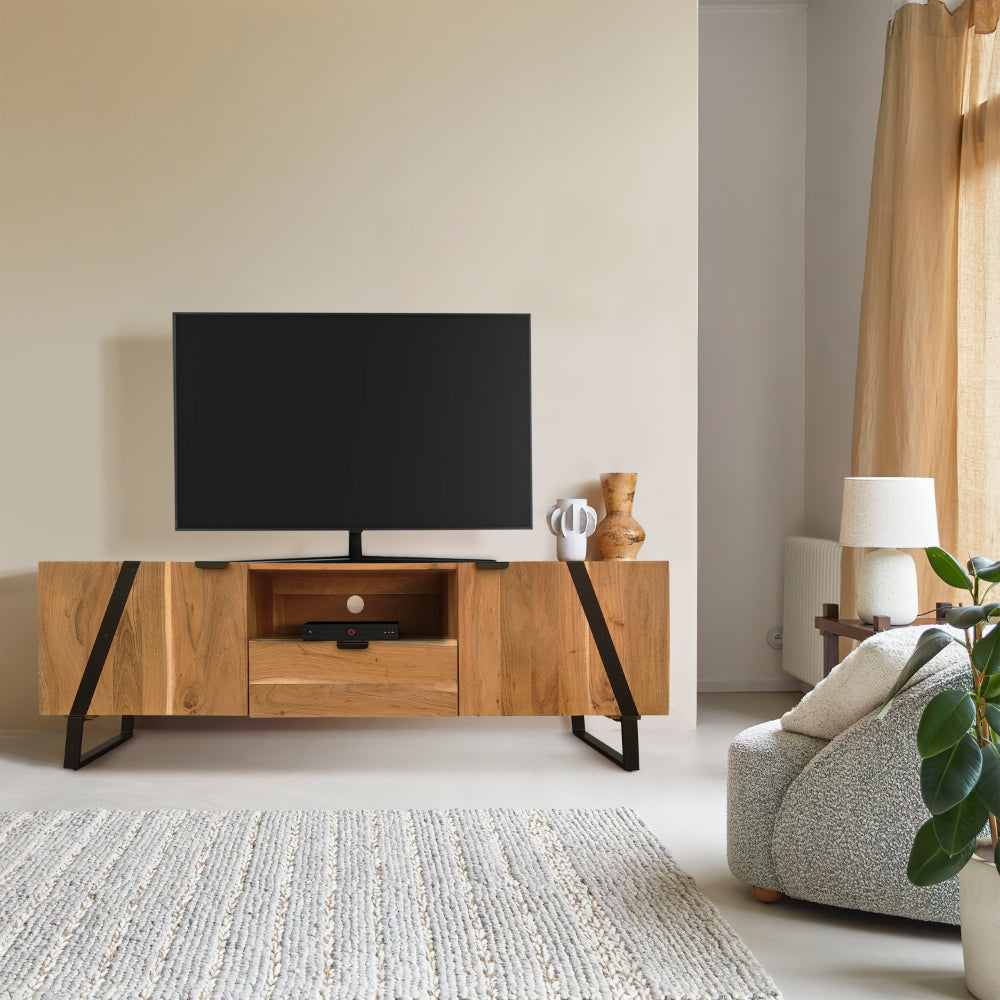 Aza 59 Inch Handcrafted TV Console with Drawer Natural Brown Acacia Wood Cabinet - UPT-277208