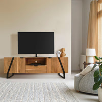 Aza 59 Inch Handcrafted TV Console with Drawer Natural Brown Acacia Wood Cabinet - UPT-277208