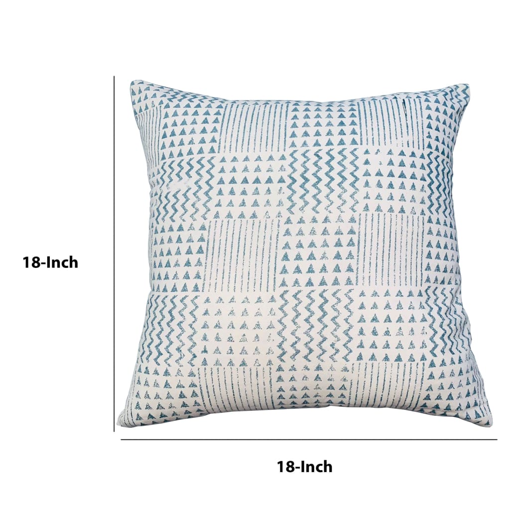 18 x 18 Handcrafted Square Cotton Accent Throw Pillows, Aztec Minimalistic Print, Set of 2, Blue, White By The Urban Port