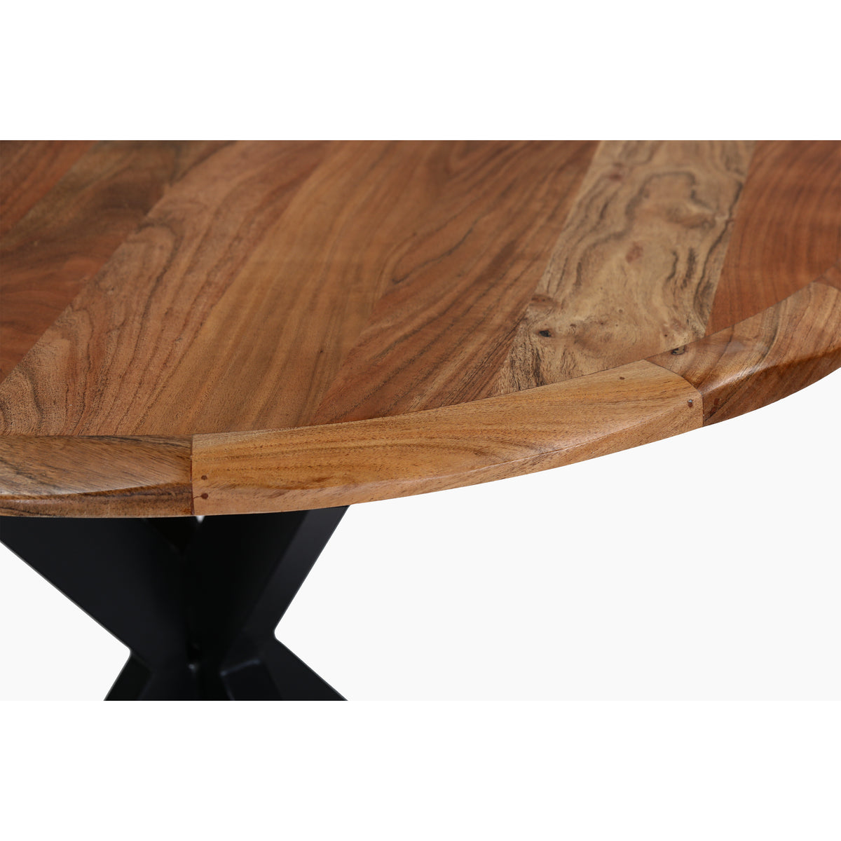 Kuri 41 Inch Handcrafted Live Edge Round Dining Table with a Natural Brown Acacia Wood Top and Black Iron Legs