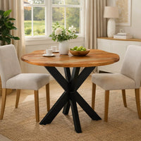 Kuri 41 Inch Handcrafted Live Edge Round Dining Table with a Natural Brown Acacia Wood Top and Black Iron Legs - UPT-282967