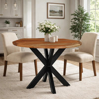 Kuri 41 Inch Handcrafted Live Edge Round Dining Table with a Natural Brown Acacia Wood Top and Black Iron Legs - UPT-282967