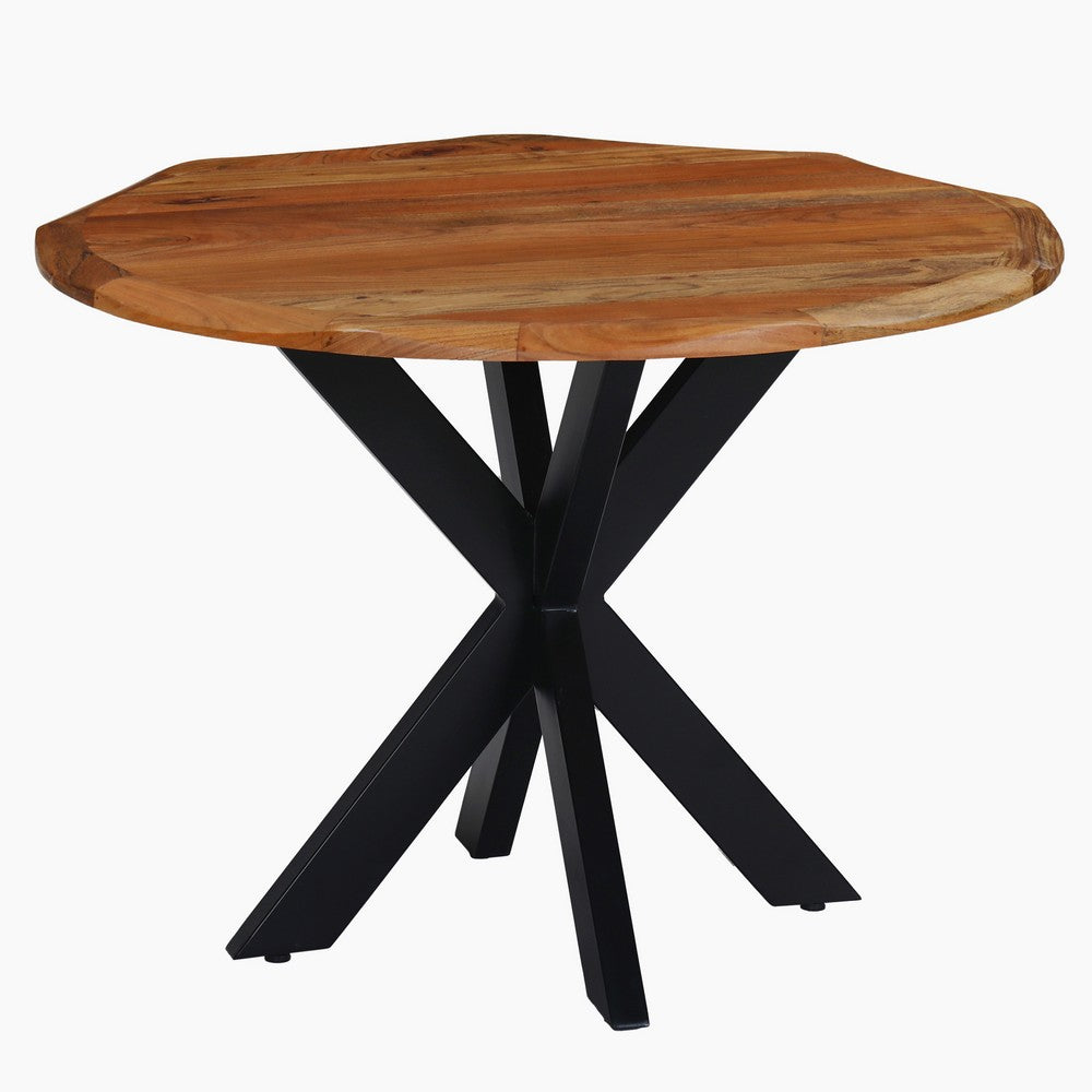 Kuri 41 Inch Handcrafted Live Edge Round Dining Table with a Natural Brown Acacia Wood Top and Black Iron Legs - UPT-282967