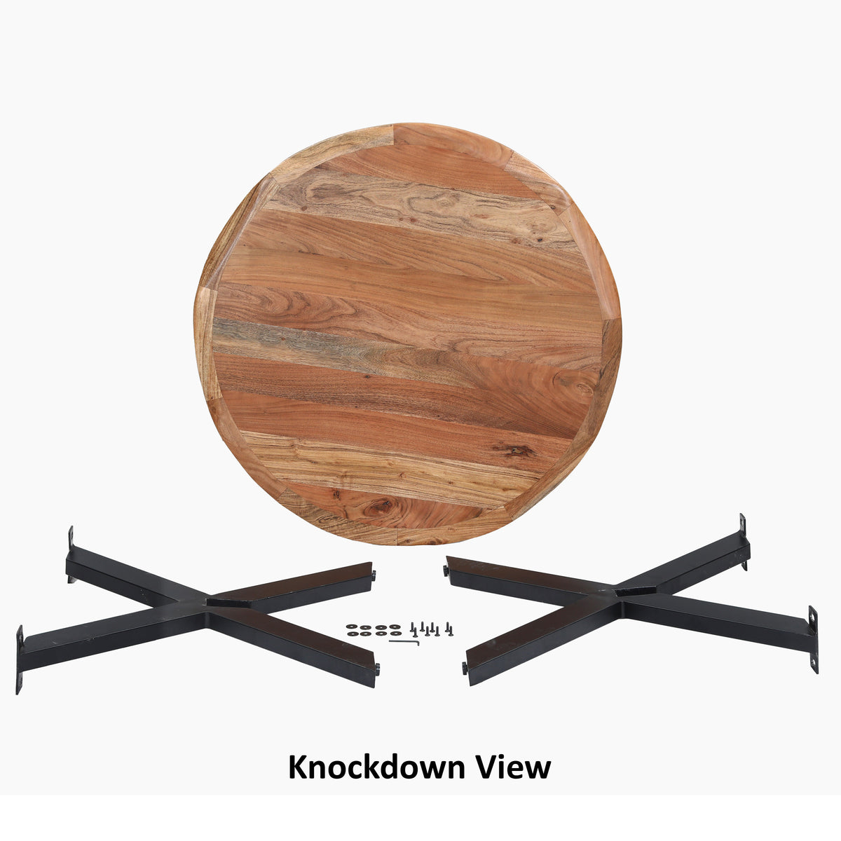 Kuri 41 Inch Handcrafted Live Edge Round Dining Table with a Natural Brown Acacia Wood Top and Black Iron Legs