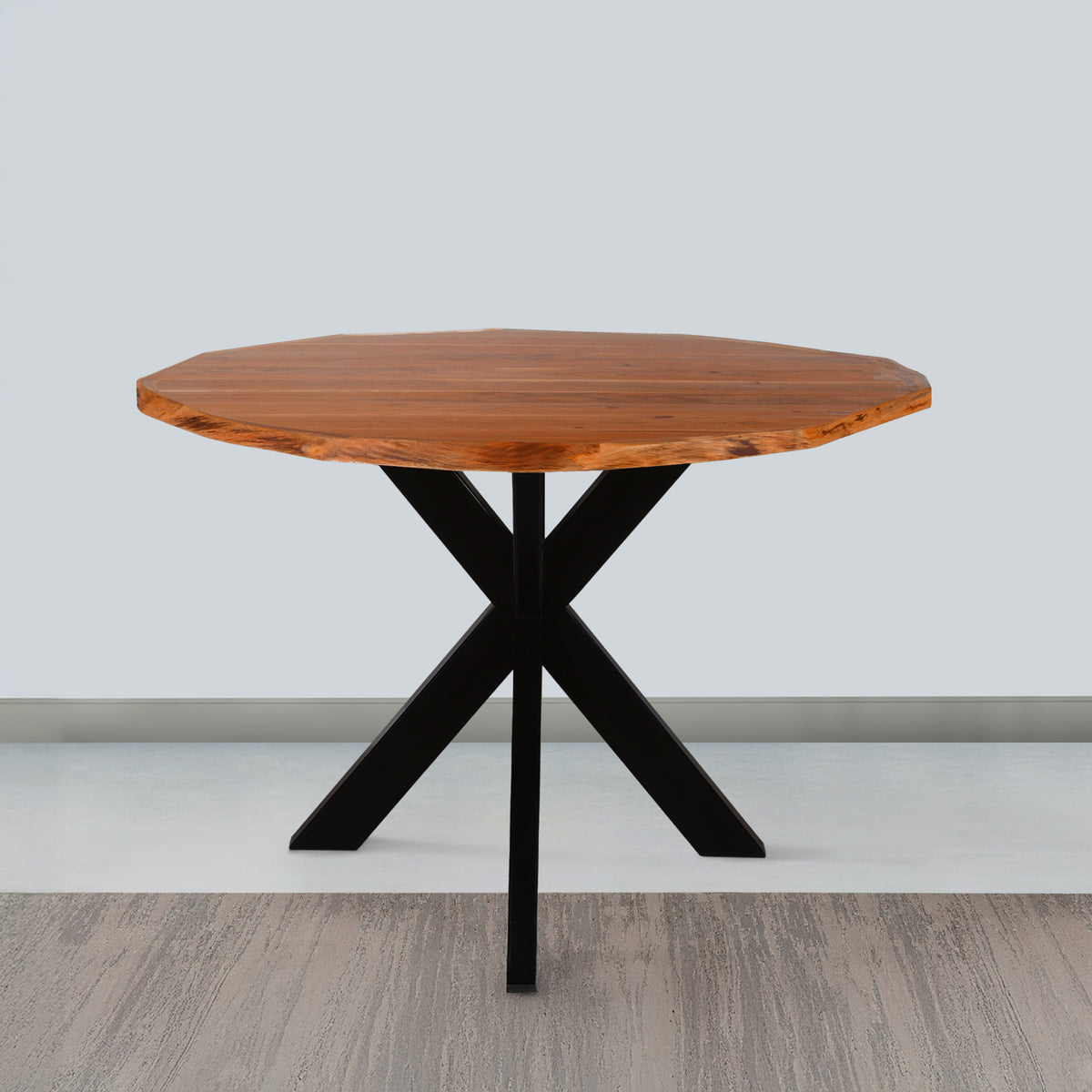 Kuri 41 Inch Handcrafted Live Edge Round Dining Table with a Natural Brown Acacia Wood Top and Black Iron Legs