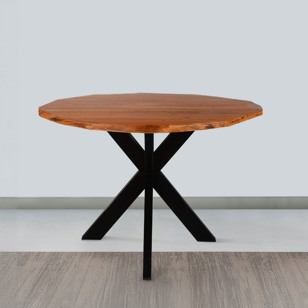 Kuri 41 Inch Handcrafted Live Edge Round Dining Table with a Natural Brown Acacia Wood Top and Black Iron Legs - UPT-282967
