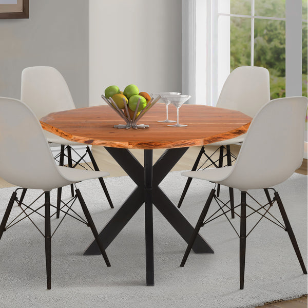 Kuri 41 Inch Handcrafted Live Edge Round Dining Table with a Natural Brown Acacia Wood Top and Black Iron Legs