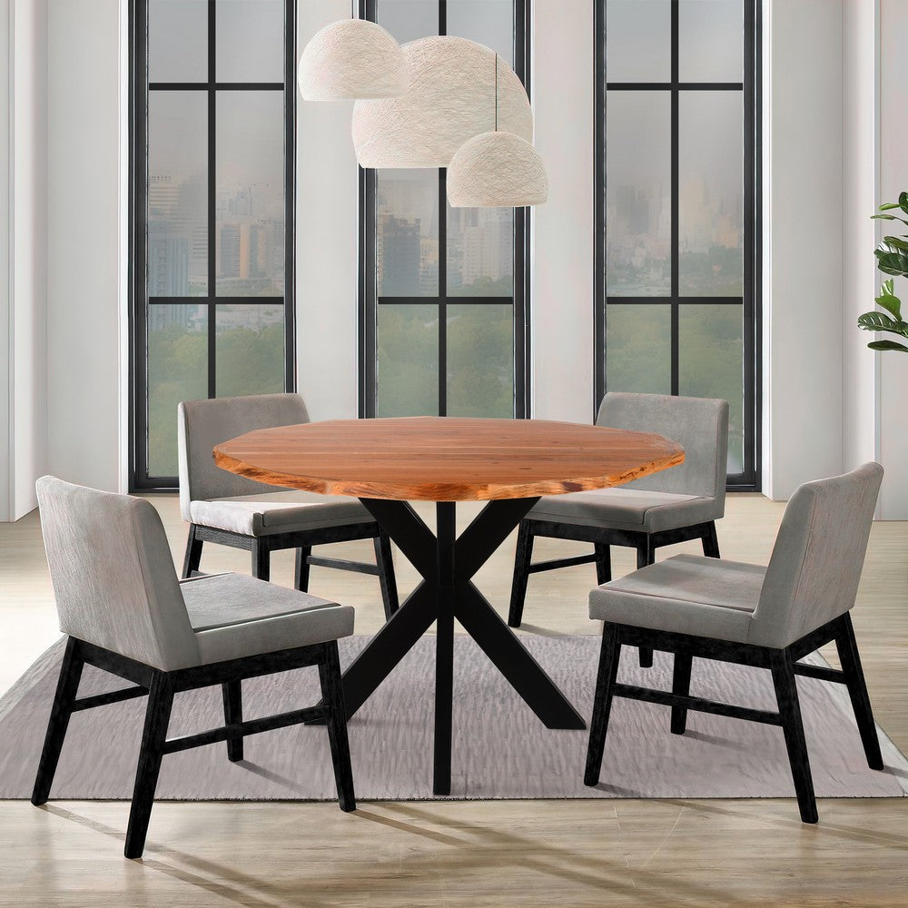 Kuri 41 Inch Handcrafted Live Edge Round Dining Table with a Natural Brown Acacia Wood Top and Black Iron Legs - UPT-282967
