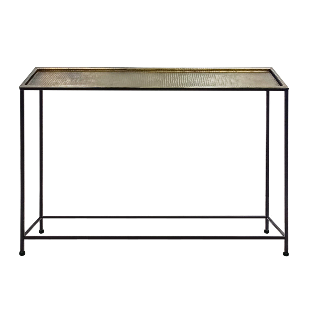 Aurelia 48 Inch Console Sofa Table, Artisanal Hammered Antique Bronze Tray Top, Industrial Black Iron Frame - UPT-286692