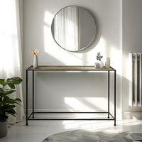 Aurelia 48 Inch Console Sofa Table, Artisanal Hammered Antique Bronze Tray Top, Industrial Black Iron Frame - UPT-286692
