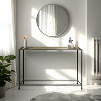 Aurelia 48 Inch Console Sofa Table, Artisanal Hammered Antique Bronze Tray Top, Industrial Black Iron Frame - UPT-286692