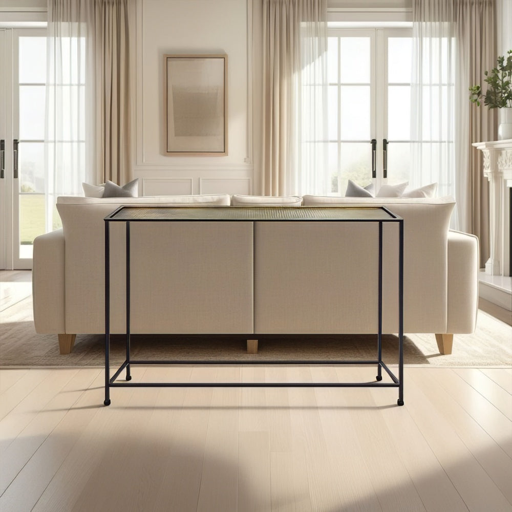 Aurelia 48 Inch Console Sofa Table, Artisanal Hammered Antique Bronze Tray Top, Industrial Black Iron Frame - UPT-286692