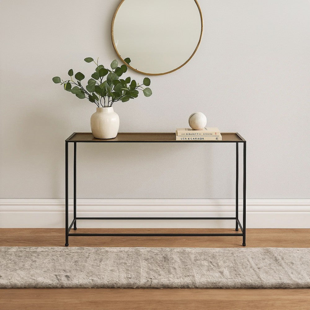 Aurelia 48 Inch Console Sofa Table, Artisanal Hammered Antique Bronze Tray Top, Industrial Black Iron Frame - UPT-286692