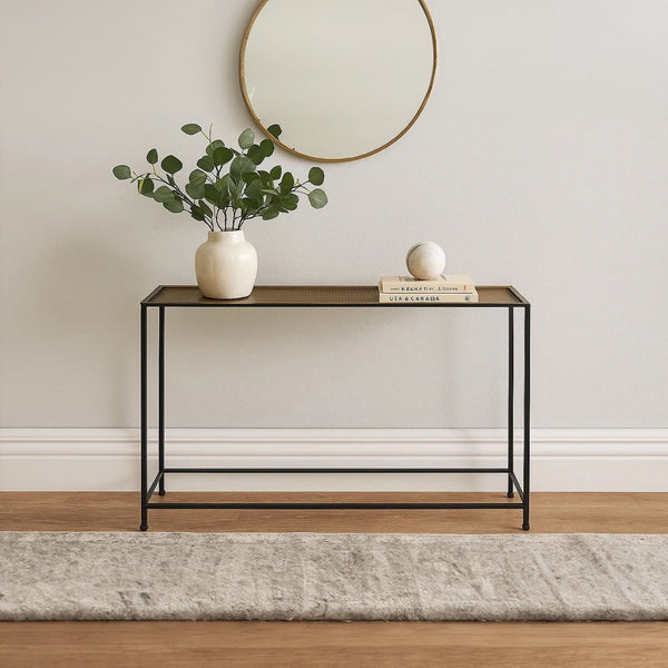 Aurelia 48 Inch Console Sofa Table, Artisanal Hammered Antique Bronze Tray Top, Industrial Black Iron Frame - UPT-286692